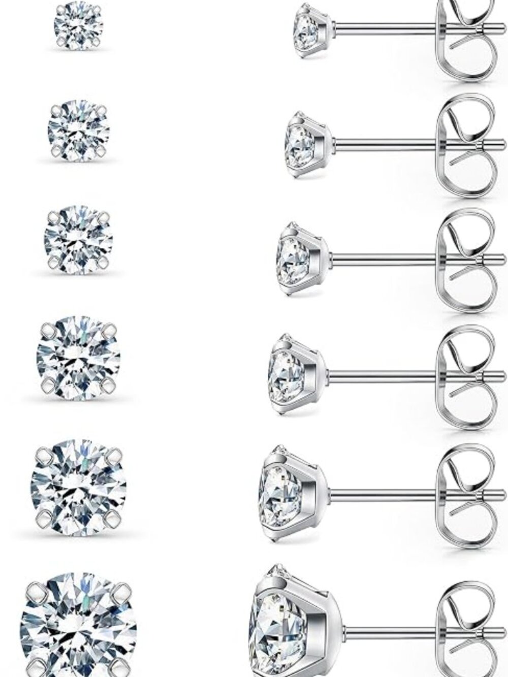 6 Pairs CZ Stud Earrings 316L Stainless Steel Hypoallergenic 3-8mm Silver